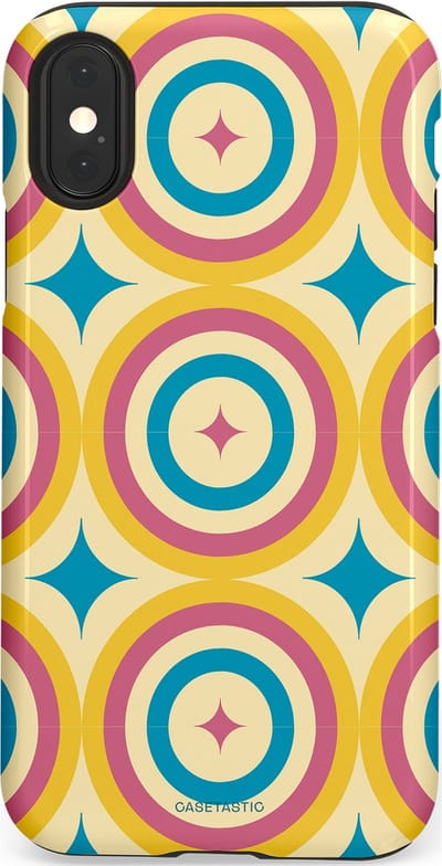 Casetastic hoesje geschikt voor Apple iPhone X / Apple iPhone XS - Dubbellaagse bescherming - Swinging Retro Boogie Circles - Fashion Case - Crème Goud Lichtblauw Koraal