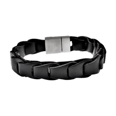 Armband Heren - Zwarte Leren - RVS - Gevlochten Armband