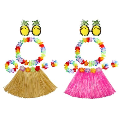 Dailygoods- Hoelah-grasrok Set - Natuurlijke/Klassieke Kleuren - Roze Grasrok - Bloemenlei - Ananas Zonnebril - Elastisch en Bewegingsvriendelijk - Feestkostuum