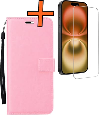 Hoes - Met Screenprotector - Geschikt voor Apple iPhone 16 - Luxe Pasjeshouder - Bookcase Portemonee - Flip Case - Kunstleer Book Case - Flipcase - Book Cover - Walletcase - PortemonneeHoes - Lichtroze