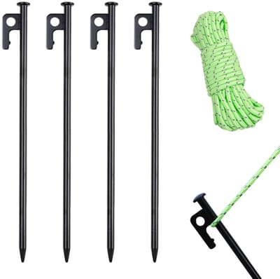 Dailygoods- Haringen 30 cm - Schroefharingen - Tentharingen - Grondpennen - Lichtgevend Touw 10 m - Duurzaam Koolstofstaal