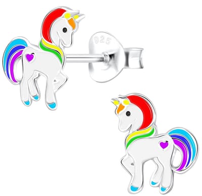 Joy|S - Zilveren eenhoorn oorbellen - 9 mm - multicolor - unicorn pony kinderoorbellen - met een klein hartje