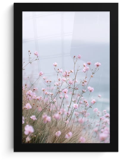 Poster in lijst - Fotolijst 20x30 cm - Posters - Klif - Bloemen - Zee - Roze - Posterlijst zwart - Decoratie - Wanddecoratie woonkamer - Muurdecoratie slaapkamer