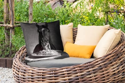 Sierkussen Buiten - Paard - Bord - Pasta - Tafelkleed - Zwart Wit - Dieren - 60x60 cm - Weerbestendig