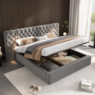 OKWISH Gestoffeerd Bed 180x200cm - Hydraulisch Opbergbed met LED Leeslamp - Met Ruime Opbergruimte - Gewatteerd Hoofdeinde - Grijs - Zonder matras