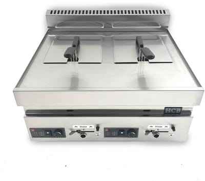 HCB® - Professionele grote Horeca frituurpan - dubbele Friteuse - aardgas - 2 x 8 liter - RVS / INOX frietketel - frietpannen - frietpan - 65x70x32 cm (DxBxH) - 13000W - 8612