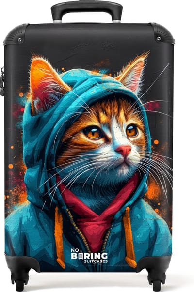 NoBoringSuitcases.com® - Handbagage koffer lichtgewicht - Reiskoffer trolley - Graffiti kat met blauw vest - Rolkoffer met wieltjes - Past binnen 55x40x20 en 55x35x25