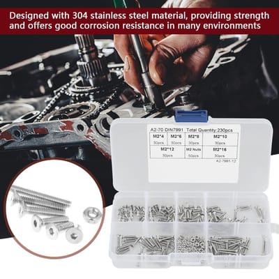 Assortiment de 230 vis et écrous à tête plate en acier inoxydable M2 304 avec boîte