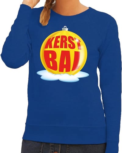 Foute kersttrui kerstbal geel op blauwe sweater voor dames - kersttruien XS