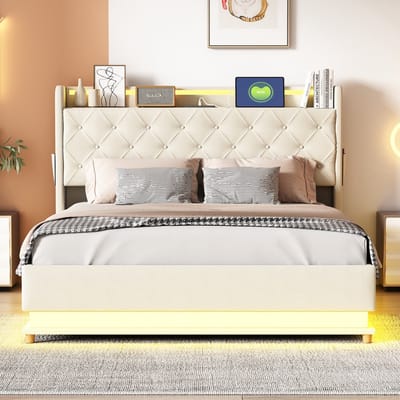 DESMIU Gestoffeerd Bed 140x200cm – Ledbed Met Usb Oplaadpunt En Hydraulische Opbergruimte – Voor Slaapkamer – Leinenlook – Beige – Zonder Matras