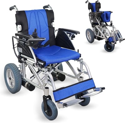 Mobiclinic Lyra - Elektrische rolstoel – Inklapbaar – Aluminium - Handmatige of elektrische bediening - Tot 20 km bereik – Tot 120 kg - 24V - Blauw en Zwart
