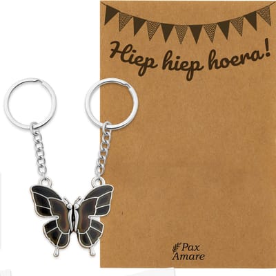 BFF Sleutelhanger voor 2 'Hiep Hiep Hoera' - Vlinder VERANDERT VAN KLEUR - Sleutelhanger set op Cadeau Kaartje - Zilverkleurig - Verjaardags Hanger - Pax Amare