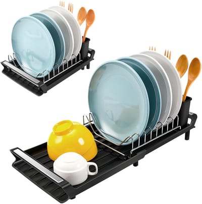 Unyqoos® Aanpasbaar en Compact Afdruiprek voor Servies met Bestekhouder en Roestvrij Staal Opvangbak
