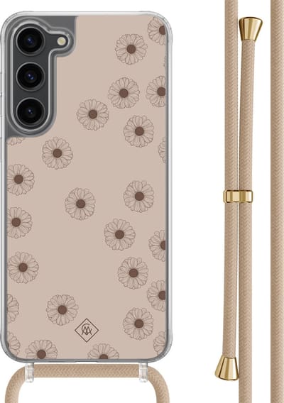 Casimoda® hoesje met beige koord - Geschikt voor Samsung S23 Plus - Cute Flowers - Afneembaar koord - TPU/polycarbonaat - Zwart