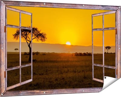 Gards Tuinposter Doorkijk Zonsopgang in de Savanne met een Boom - 150x100 cm - Tuindoek - Tuindecoratie - Wanddecoratie buiten - Tuinschilderij