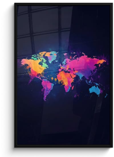 Poster in lijst - Fotolijst 80x120 cm - Posters - Wereldkaart - Kleurrijk - Graffiti - Posterlijst zwart - Decoratie - Wanddecoratie woonkamer - Muurdecoratie slaapkamer