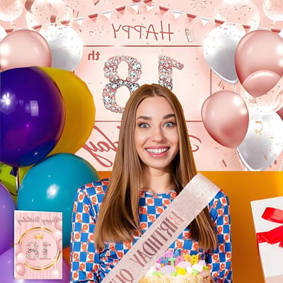Feestelijke Verjaardagsbanner en Sjaal - Decoratie Set voor 18e Verjaardag, Inclusief Kaarten en Cadeau Ideeën voor Meisjes en Vrouwen, Perfecte Versiering voor Feestjes