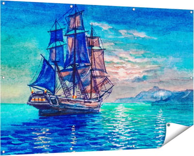 Gards Tuinposter Oude Piratenschip Zeilboot Getekend - 150x100 cm - Tuindoek - Tuindecoratie - Wanddecoratie buiten - Tuinschilderij