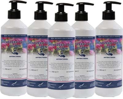 Handzeep Creme Rozen 500 ml - met gratis pompje - set van 5 stuks - Voordeelverpakking