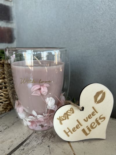 Creaties van Hier - Theeglas - Sojakaars with love met houten hartje - FRESH COTTON - Glas