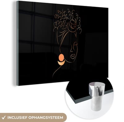 MuchoWow® Glasschilderij 120x80 cm - Schilderij acrylglas - Vrouw - Goud - Zwart - Line art - Foto op glas - Schilderijen