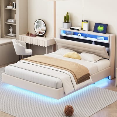 DESMIU Gestoffeerd Bed 140x200cm – Ledverlichting En Usb-Oplaadpoort – Opklapbaar Hoofdbord Met Opbergruimte – Voor Slaapkamer – Linnen – Beige Zonder Matras