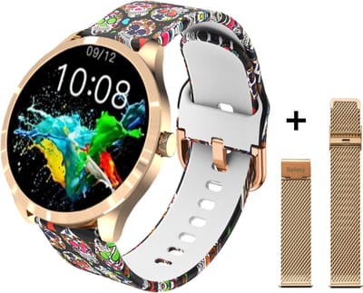 Belesy® BQSiRgSk Pro Skull - Smartwatch Dames – Smartwatch Heren - Horloge - 1.28 inch - Kleurenscherm - Stappenteller - Bloeddruk - Hartslag - 75+ Wijzerplaten – Sporten – Rose goud – Staal - Siliconen – Skull - Kerstcadeau