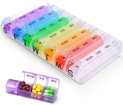 Famanu – Wekelijkse pillenorganizer met 4 vakken per dag, 28 vakken totaal, voor thuis, werk en reizen