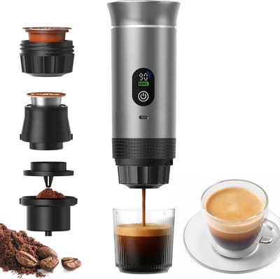 Draagbare 3-in-1 espressomachine, zelfverwarmend en oplaadbaar met slim display — Geschikt voor gemalen koffie, kleine en grote capsules; mini-machine voor op reis en camping, 20 bar extractie, 80 ml kop