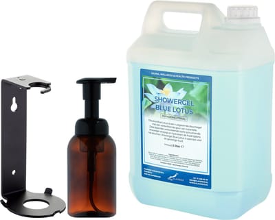 Zeepdispenser 300 ml amber bruin hervulbaar + 5 liter Showergel Blue Lotus navulling (inclusief beugel)