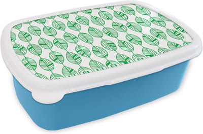 Broodtrommel Blauw - Lunchbox - Brooddoos - Patroon - Blad - Groen - 18x12x6 cm - Kinderen - Jongen
