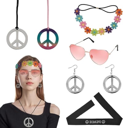 Hippie accessoires voor vrouwen, 7-delig kostuum, vintage brillen, boho sieraden en hoofdbanden, retro 60/70 stijl