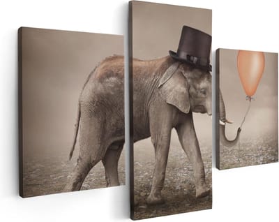 Artaza Canvas Schilderij Drieluik Olifant Met Een Oranje Ballon - Hoedje - 90x60 - Foto Op Canvas - Canvas Print