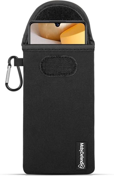 MobyDefend Hoesje - Geschikt voor Samsung Galaxy A42 - Neopreen Pouch Met Karabijnhaak - Insteek - Riemlus - Zwart