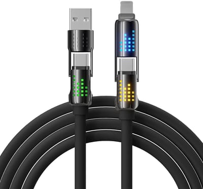 DrPhone NeonCharge 240W – 4-in-1 RGB Oplaadkabel – USB-C / USB-A naar USB-C & Compatibel met Lightning – 480Mbps Data – 1,2 Meter – Zwart