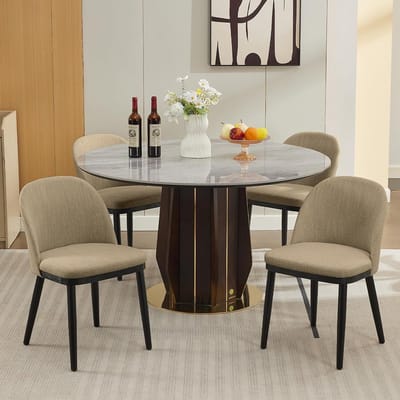 Moderne Eetkamerstoelen Set van 4 - Linnen Bekleding met Houten Poten - Ergonomische Rugleuning & Dik Kussen - Verstelbare Poten - Camel