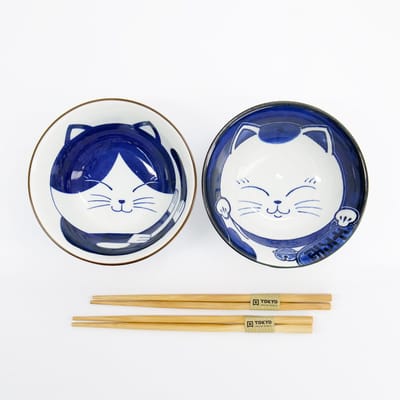 Tokyo Design Studio - Kawaii - Kom Giftset 2-delig met eetstokjes - Kat - 14.9x6.7cm - 500ml
