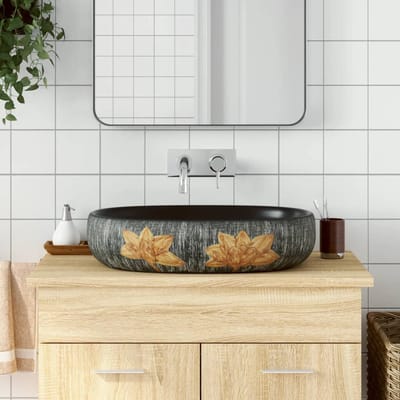 vidaXL - Opzetwasbak - ovaal - 59x40x14 - cm - keramiek - grijs - en - zwart