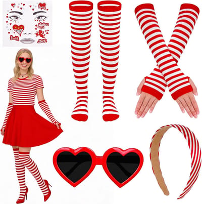 Carnaval Kostuum Rood Wit voor Dames met Haarband, Tattoo, Handschoenen en Accessoires voor een Feestelijke Look