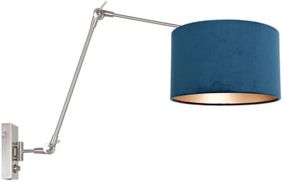 Staalkleurige wandlamp Prestige Chic 8238ST met blauwe velours kap van Steinhauer, modern ontwerp, gemaakt van metaal en textiel, kantelbaar en geschikt voor binnengebruik