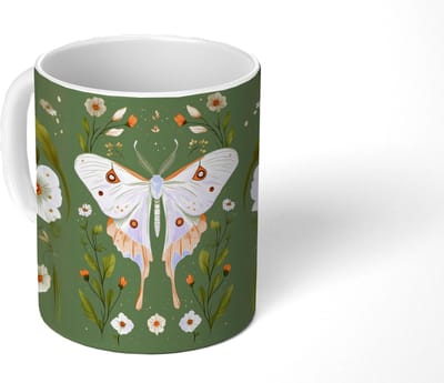 Mok - Koffiemok - Bloemen - Bladeren - Olijfgroen - Vlinder - Mokken - 350 ML - Beker - Koffiemokken - Theemok