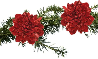 Decoris Kerstboom bloem - 2x stuks - op clip - rood - 16 cm - kunststof - kerstversiering - rode decoratie bloemen