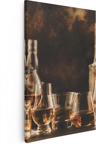 Artaza Canvas Schilderij Stilleven - 20x30 cm - Klein - Wanddecoratie Whisky Glazen - Muurdecoratie Woonkamer - Schilderijen Op Canvas