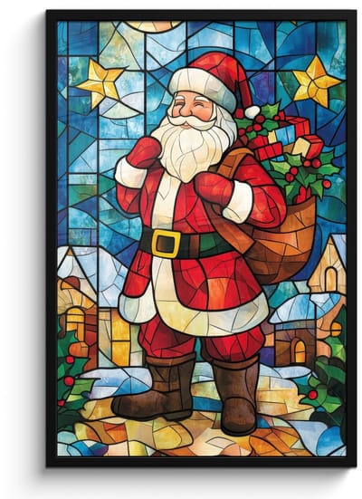Poster in lijst - Fotolijst 60x90 cm - Posters - Kerstman - Glas - Kleurrijk - Posterlijst zwart - Decoratie - Wanddecoratie woonkamer - Muurdecoratie slaapkamer - Kerstversiering - Kerstdecoratie voor binnen - Kerstmis