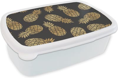 Broodtrommel Wit - Lunchbox - Brooddoos - Ananas - Goud - Luxe - Patronen - 18x12x6 cm - Volwassenen