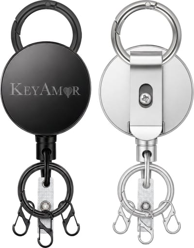Set van 2 RVS Uittrekbare Sleutelhanger met Lanyard en Karabijnsluiting - Badgehouder met Clip en 60cm koord - Intrekbare Broekclip Karabijnhaak Sleutelkoord - Afrolmechanisme voor Badges en Sleutels - ID Jojo Pasjeshouder Keycord\Keykoord - Zilver