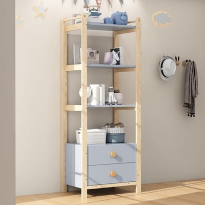 Zubaliya Boekenkast - 70x44x180 cm blauw/naturel - 4 open planken + 2 laden - massief houten grepen - grenen frame