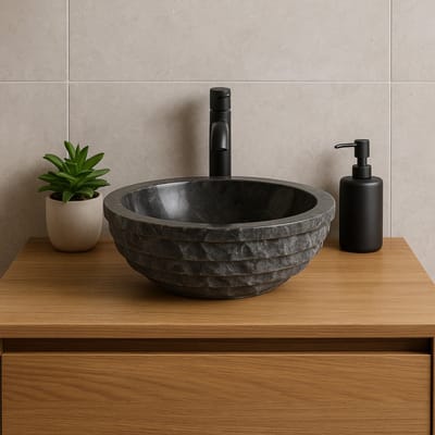 Lendo Online Wastafel rond 40x40x15 cm Marmer - natuursteen zwart - wasbak voor badkamer en toilet - spoelbak - waskom - unieke vorm en kleur!