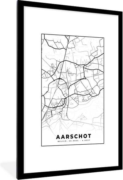 Fotolijst incl. Poster Zwart Wit- Stadskaart – Zwart Wit - Kaart – Aarschot – België – Plattegrond - 80x120 cm - Posterlijst