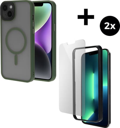 Mobiparts Hardcover MagSafe hoesje geschikt voor Apple iPhone 14 Plus - MagSafe - met 2 Screenprotectors van Gehard Glas - Groen